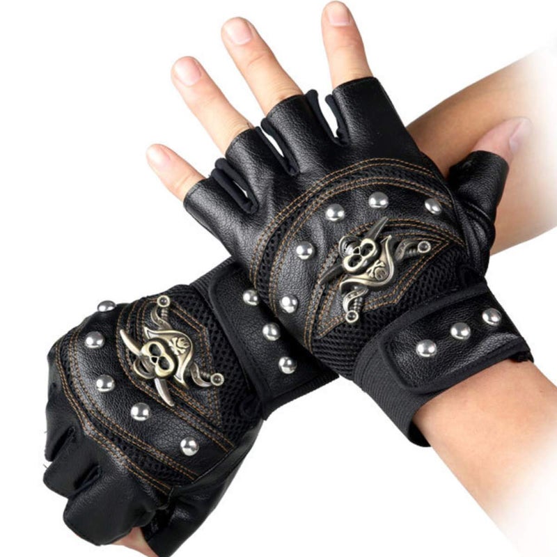 Halloluck Black Studded Gloves Steampunk Gothic Punk 80s Rocker Costume Rivet Motorcycle Car Driving Gloves Captain Fingerless Mittens - Image 3
